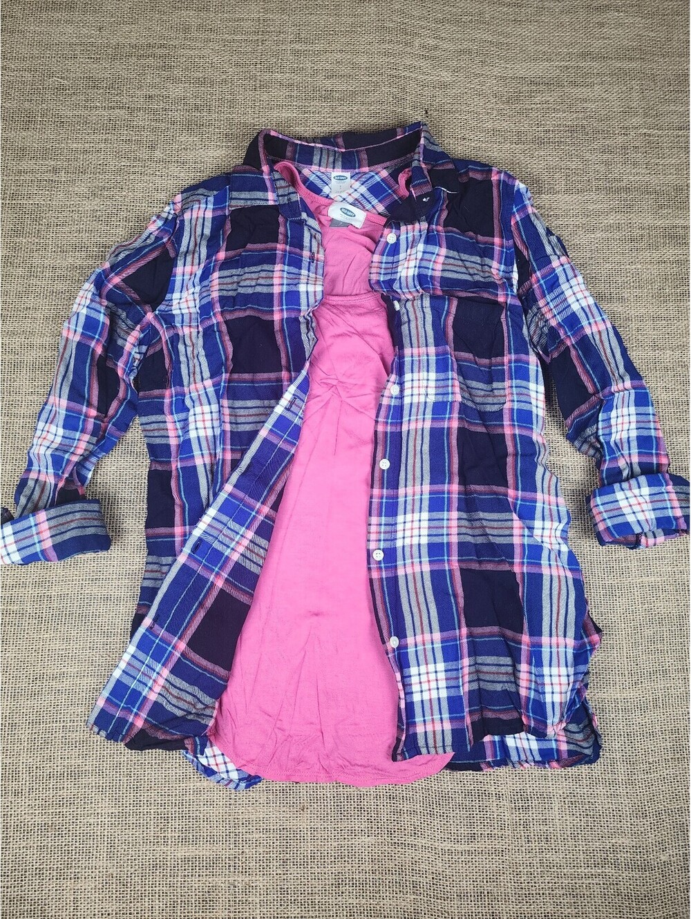 Old Navy Women's Blue and Pink Plaid Button-Up Shirt with Pink Tank Top Set